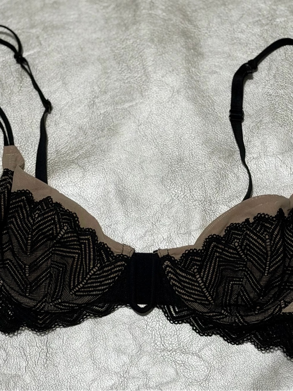 Free People Black Lace Overlay Bra with Nude Lining